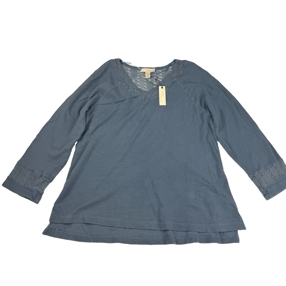 Cupio Blush Top Womens M Indigo Blue Waffle Knit Lace Boho NWT